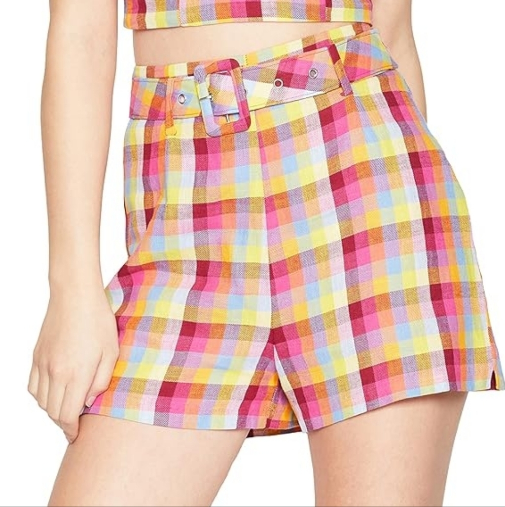 NEW BCBGeneration plaid patterned dopamine‎ high rise belted retro shorts 4